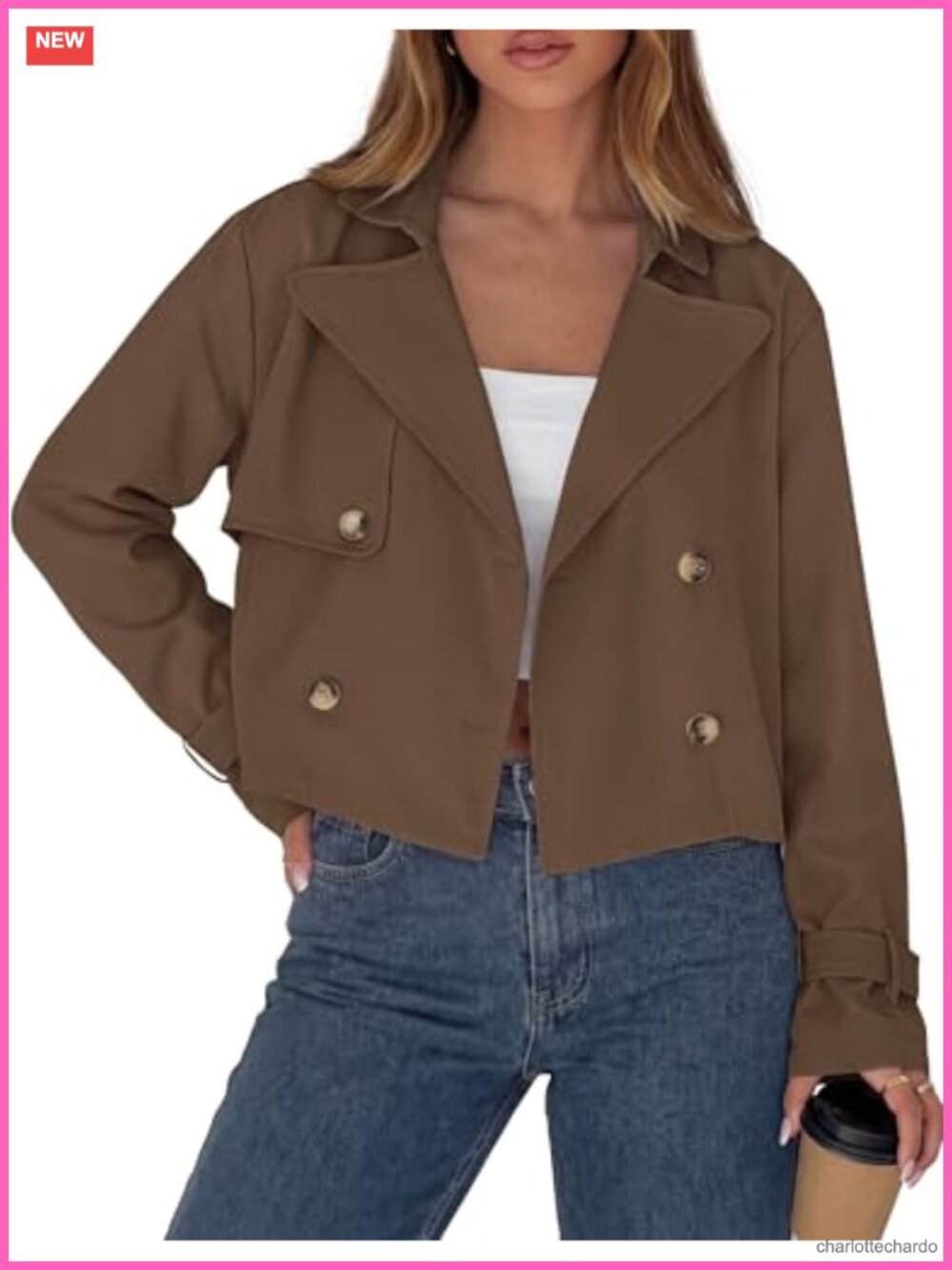 Cropped Trench Coat Double Breasted Short Jacket Women Cotton Polyester